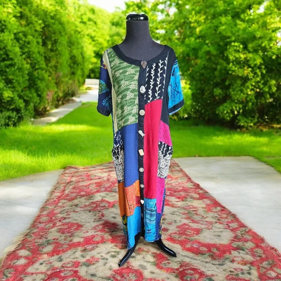 La Cera Button Front Patchwork Dress M Artsy Teacher Art To Wear Tribal Fish - Picture 1 of 10